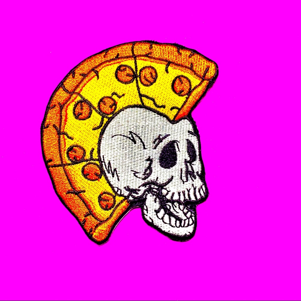 Pizza Mohawk biker Skull Rad Iron On Patch
